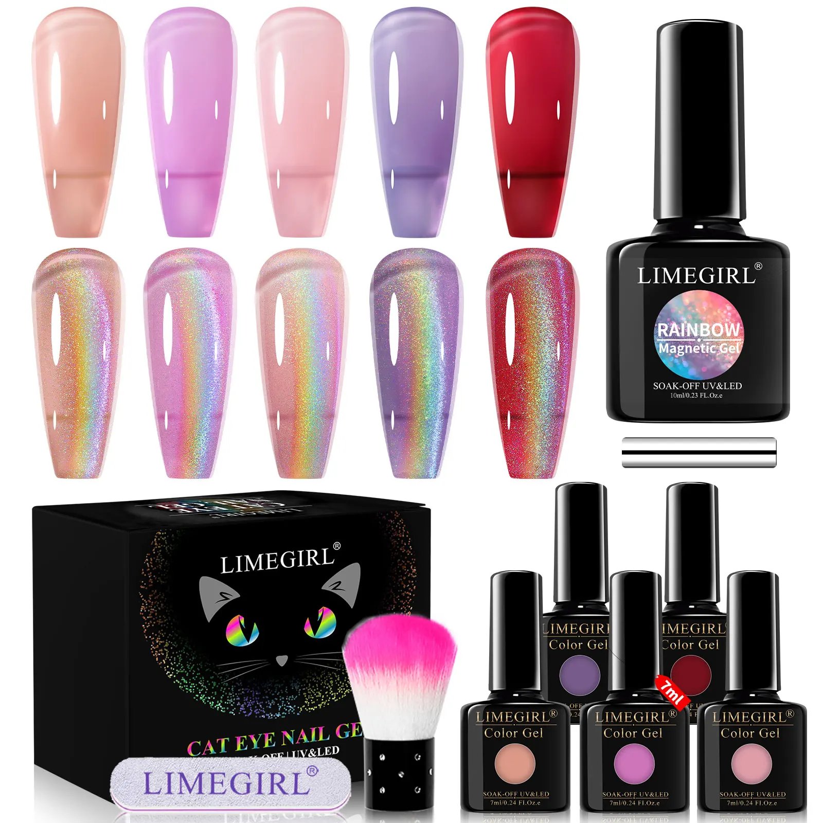 LIMEGIRL 10ml Cat Eye Poly Nail Gel Polish Kit Rainbow Glitter Colors Magnetic Nail UV Gel Set for Manicure Nails Art Soak Off