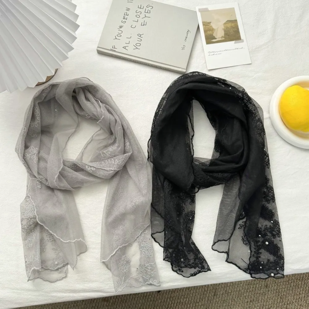 

Lace Long Scarf Embroidered Flower Pearl Diamond-encrusted Lace Silk Scarf Long Small Flower Headscarf Tide Sunscreen Shawl