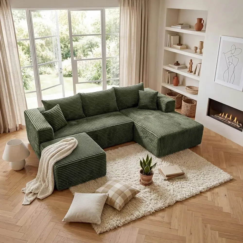 

U-Shaped 3-Seater Corduroy Sectional Sofa with Ottoman, Deep Seating, No Assembly Required
