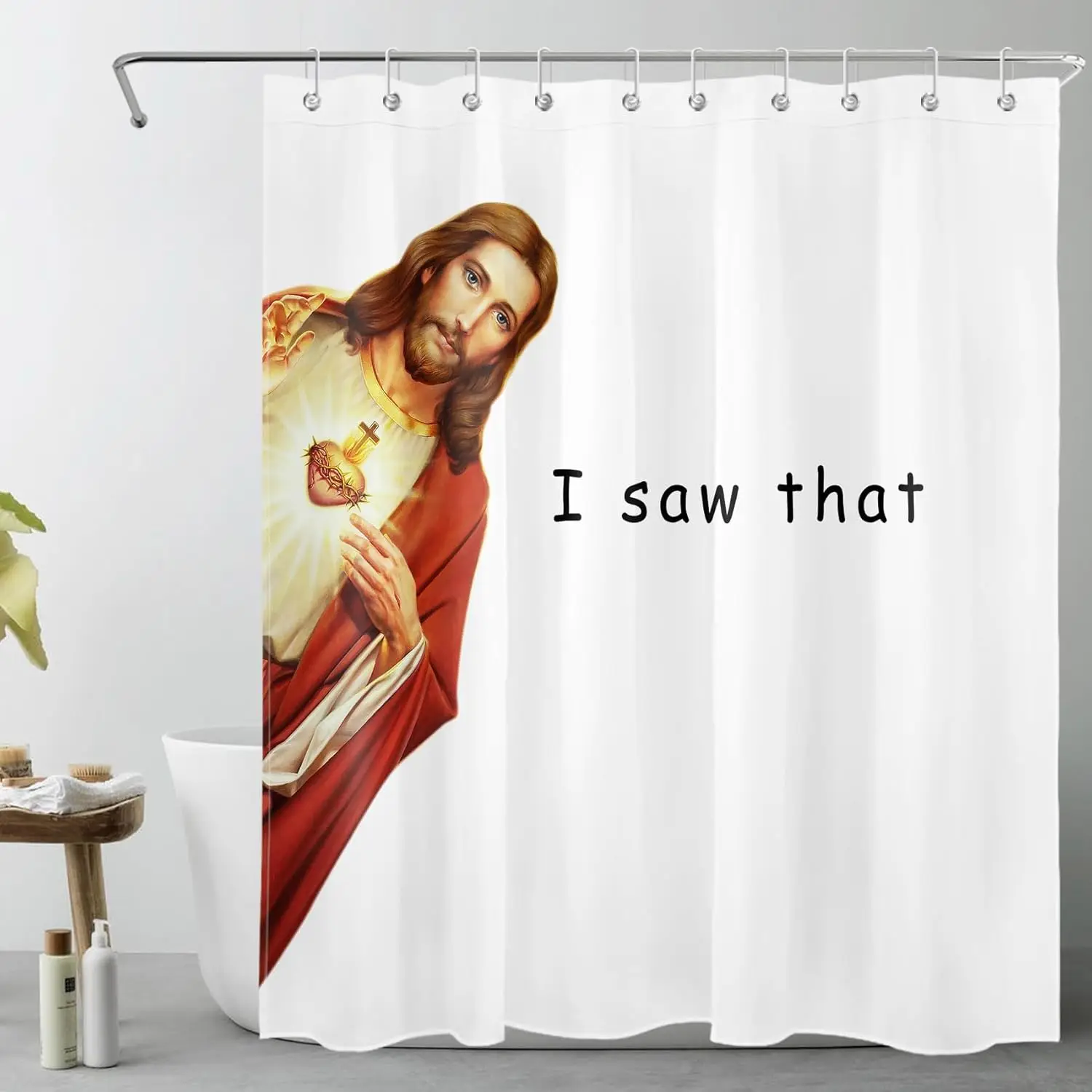 Jesus Christ Shower Curtain for Bathroom, Funny Quotes I Saw That on White Fabric Shower Curtain with Hooks, Modern Farmhouse