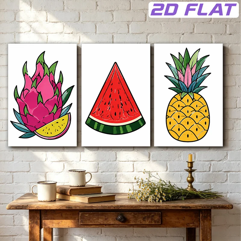 2D Flat, 2D Flat 3pcs 30x45cm(12x18in) Unframed Canvas Painting Wall Art Featuring Dragon Fruit Watermelon Pineapple as Fresh