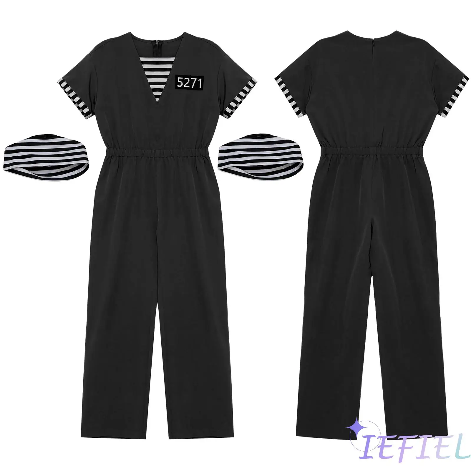 

Boys Girls Prisoner Costume Stripes Prisoner Jumpsuit with Hat Jailbird Inmate Prison Uniform Themed Party Performance Costume