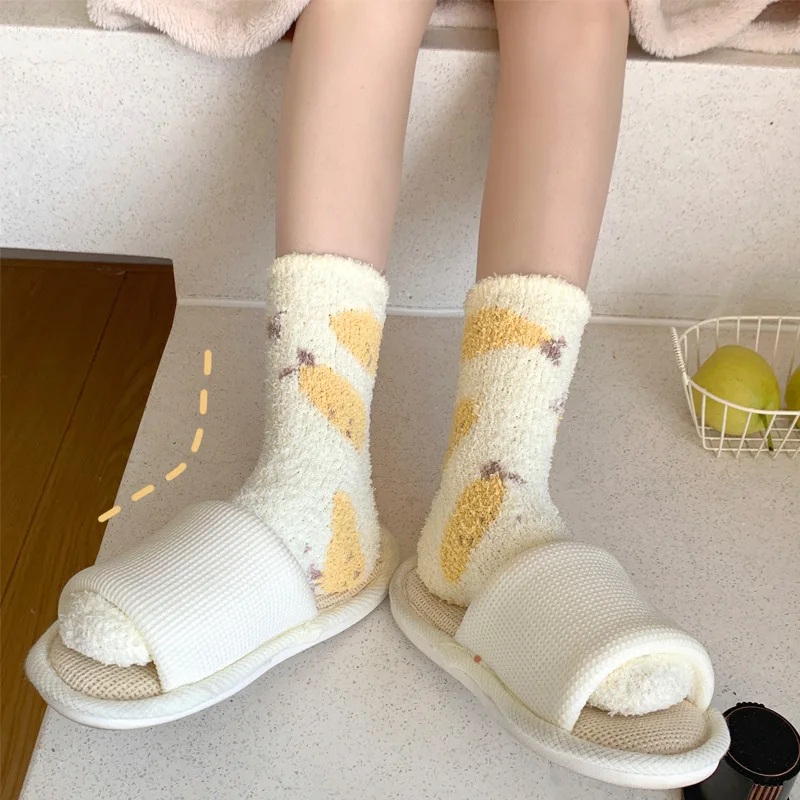 Woman Winter Autumn Plush Socks Girls Sweet Fruit Print Thick Sock