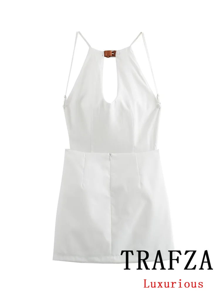 TRAFZA-Vestido corto recto de verano para mujer, minivestido blanco liso con espalda descubierta y cremallera, Estilo Vintage e informal, a la moda, 2024