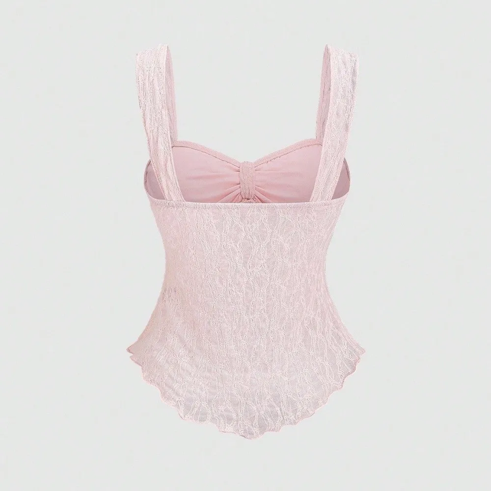 Solid Color Lace Camisole Vest Lace Jacquard Sweetheart Neck Bow Decoration Vest A-Line Cut Backless Design Waist Cinching Top