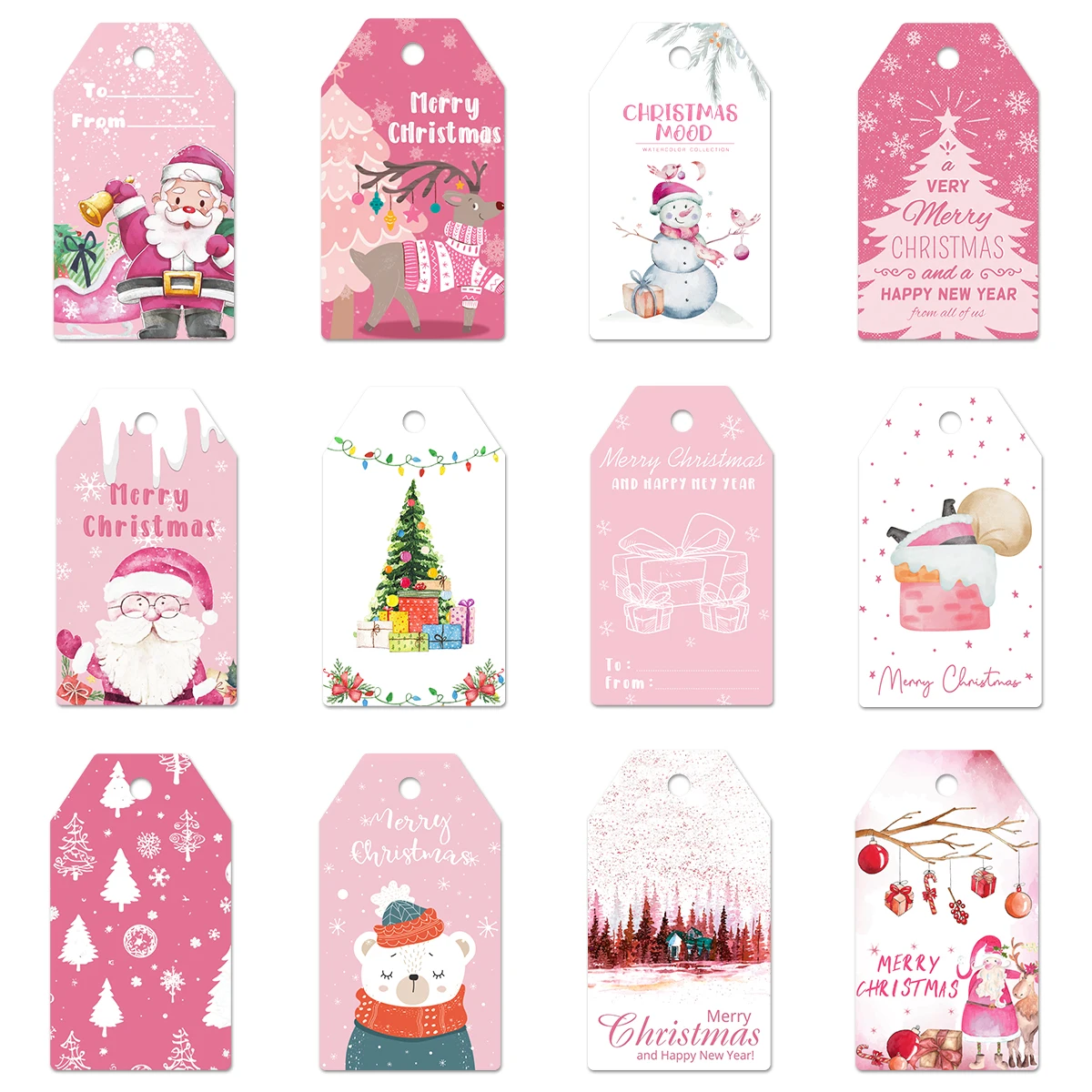 60pc Pink Vintage Christmas Gift Hanging Tag with Rope Santa Claus Paper Label Card Merry Xmas Party DIY Gift Packaging Supplies