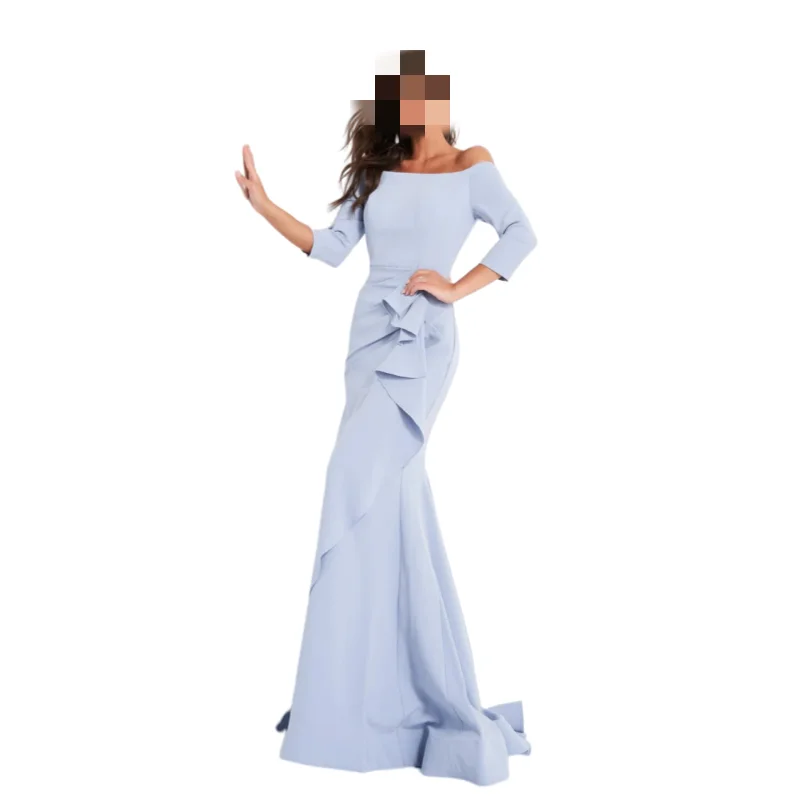 Vestido de noche de satén con cuello de línea, elegante vestido de sirena de manga larga plisado para ocasiones formales, vestido de fiesta hasta el suelo