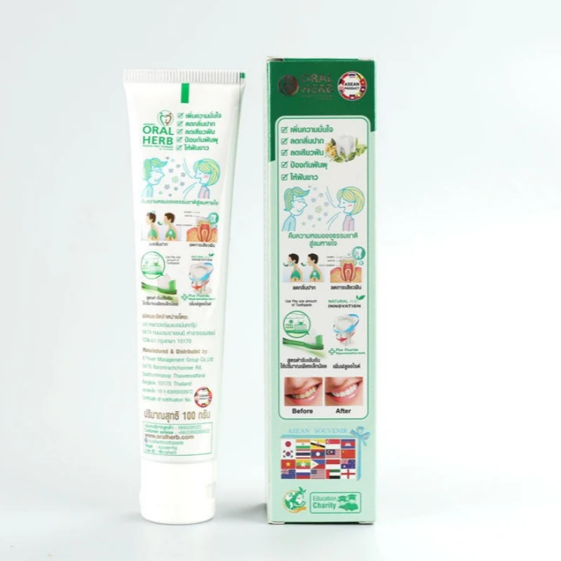 Thai ORAL HERB Whitening Fluoride Toothpaste 100g, Herbal Fresh Breath & Natural Whitening Formula
