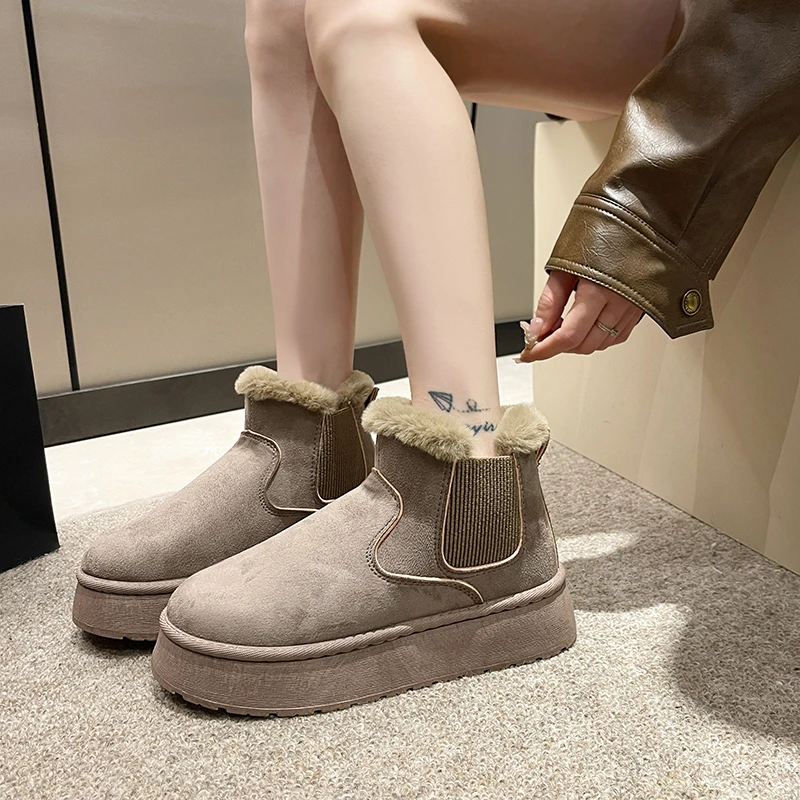 Damen Winter Neue Mode Wildleder Design Outdoor rutschfeste flache Stiefel Täglich Slip-on Casual Shopping Damen Round Toe Schneestiefel