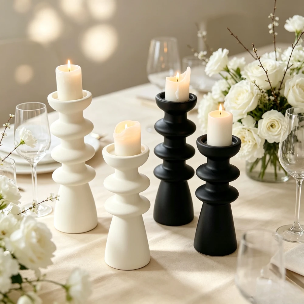 Nordic Wavy Stacked Ceramic Candlestick Holder Minimalist Pillar Candle Stand for Living Room Home Table Decoration