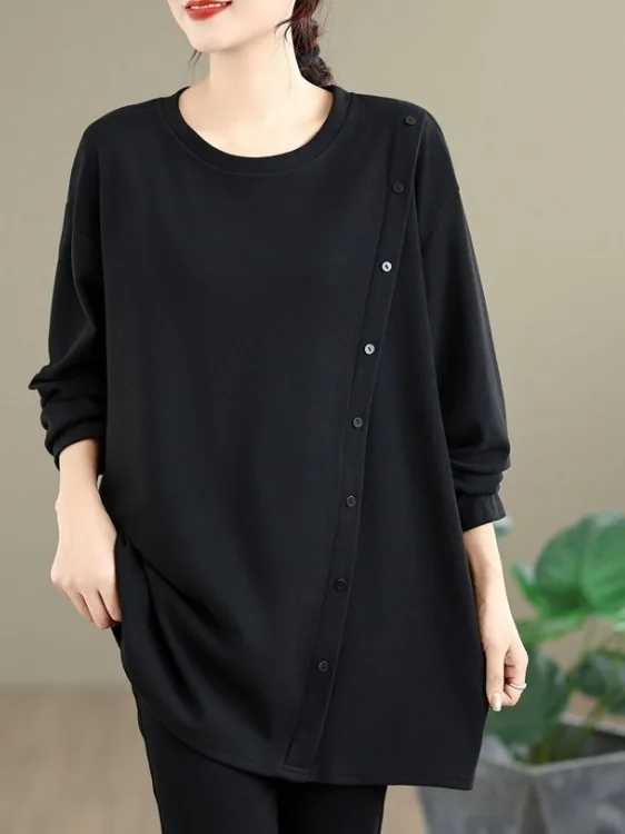Botão design cor pura camisa de comprimento médio plus size feminino longo sve redondo ne solto topo casual fibra de poliéster