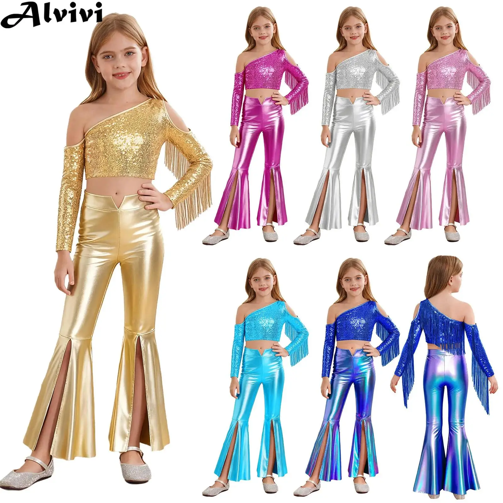 Children Girls Jazz Disco Dance Costume Tassels Shiny Sequins Crop Top Metallic Flare Pants for Pageant Wedding Birthday Party