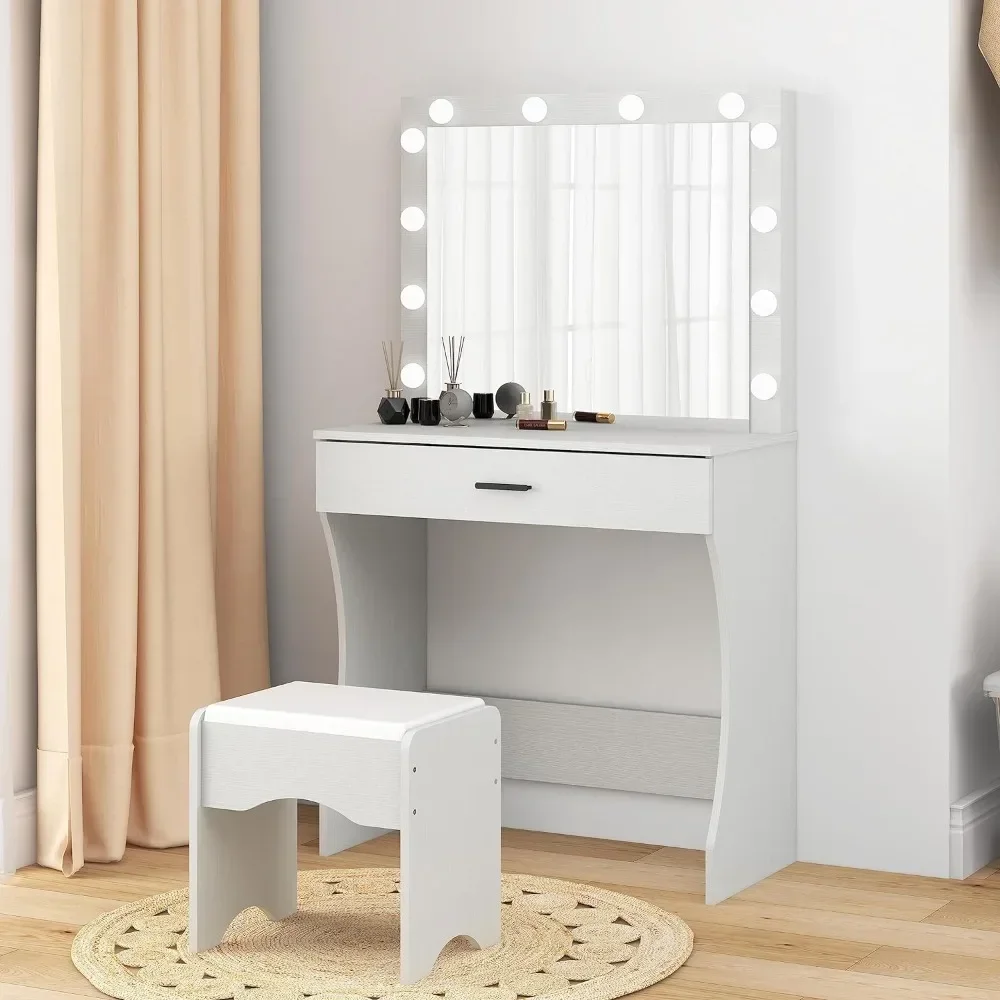 

Vanity Desk with Mirror and Adjustable Lights, One Drawer Storage Makeup Table with Stool - Vanity Set for Bedroom