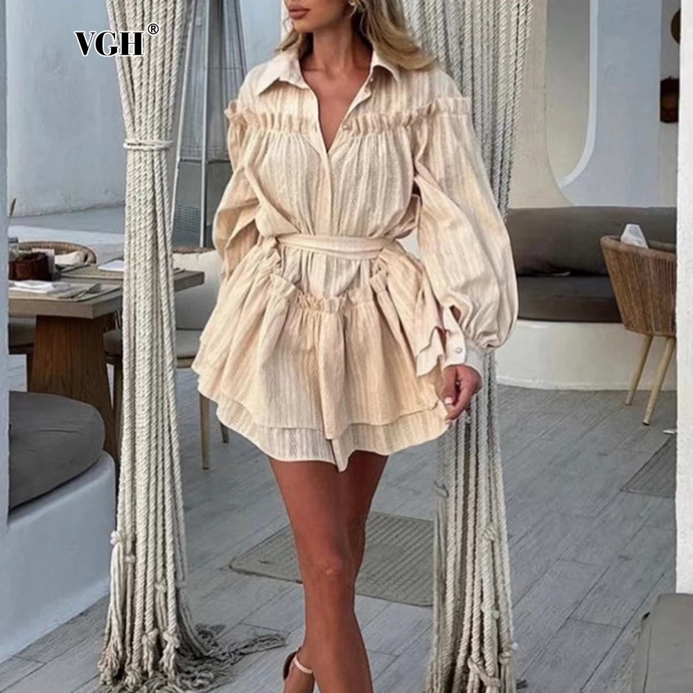 

VGH Solid Spliced Lace Up Slimming Dresses For Women Lapel Lantren Sleeve High Waist Patchwork Single Breasted Dress Female New