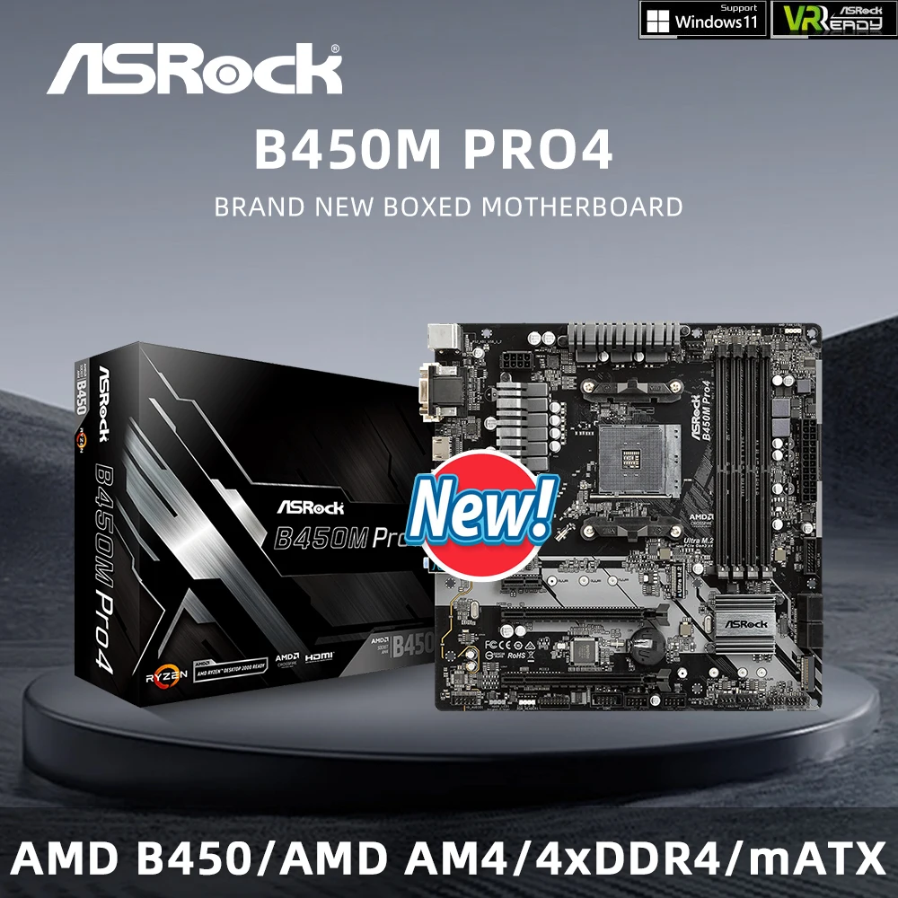 

ASRock Фирменная Новинка B450M PRO4 Материнская плата AM4 Поддержка 5950X 5800X3D 5700X 5600X 5600G 1700X 2700X Процессор 4xDDR4 M.2 NVME HDMI mATX