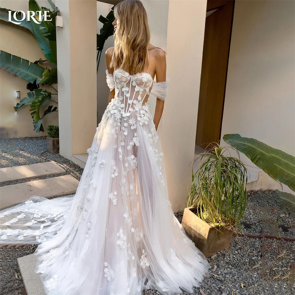 

LORIE Bohemia Lace Wedding Dresses 3D Flowers Appliques Off Shoulder A-Line Bridal Gown Backless Princess Bride Dress Customized