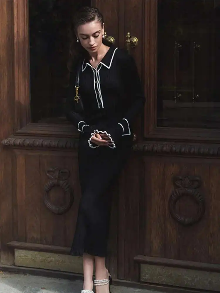 Elegancka marszczona dzianina damska 2025 Jesienna prążkowana kontrastowa sukienka z długim rękawem z klapami Kobieca sukienka damska Maxi