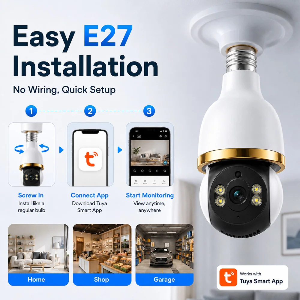 Tuya APP E27 Bulb Security Camera 2MP HD WiFi Wireless Indoor IP Camera 360 Pan Tilt Night Vision Motion Alert Home Surveillance
