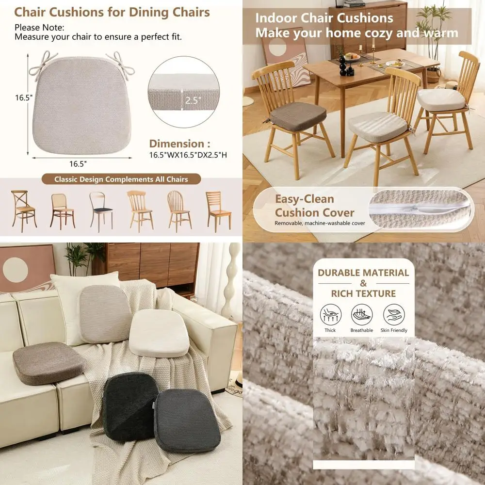

2.5 Thick Beige Chair Cushions, Washable Textured Covers, Non-Slip Ties, 16.5 x 16.5, 6-Pack Dining Chair Pads