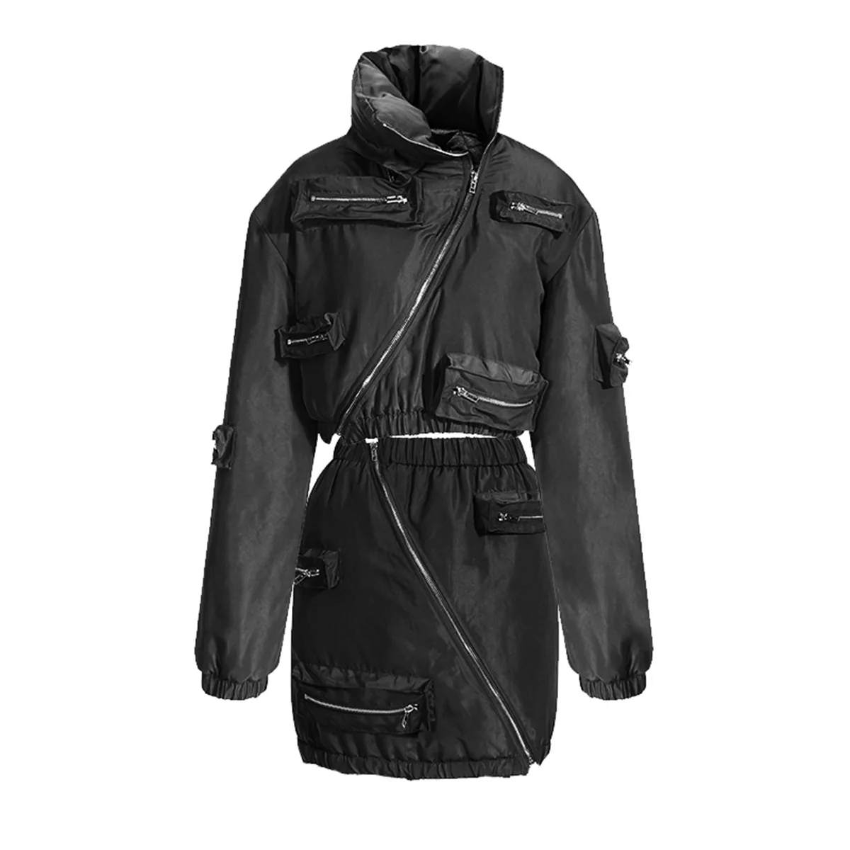 

Autumn/Winter Street Hot Girl Women's Diagonal Zipper Pocket Thickened Short Coat+Workwear Half Skirt Two Piece Set