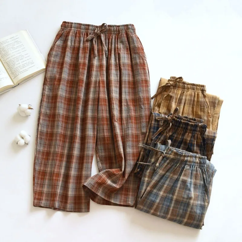 

Capris Pajama Pants Women's Loose Summer Soft 100% Cotton Home Pants Plaid Wide Leg Plus Size Home Air Conditioning Trousers