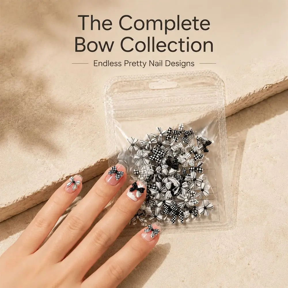 50Pcs Trendy 3D Bow Nail Decor Charms Black White Checker Polka Dot Resin Ornament For Home & Salon Nail Art DIY Projects