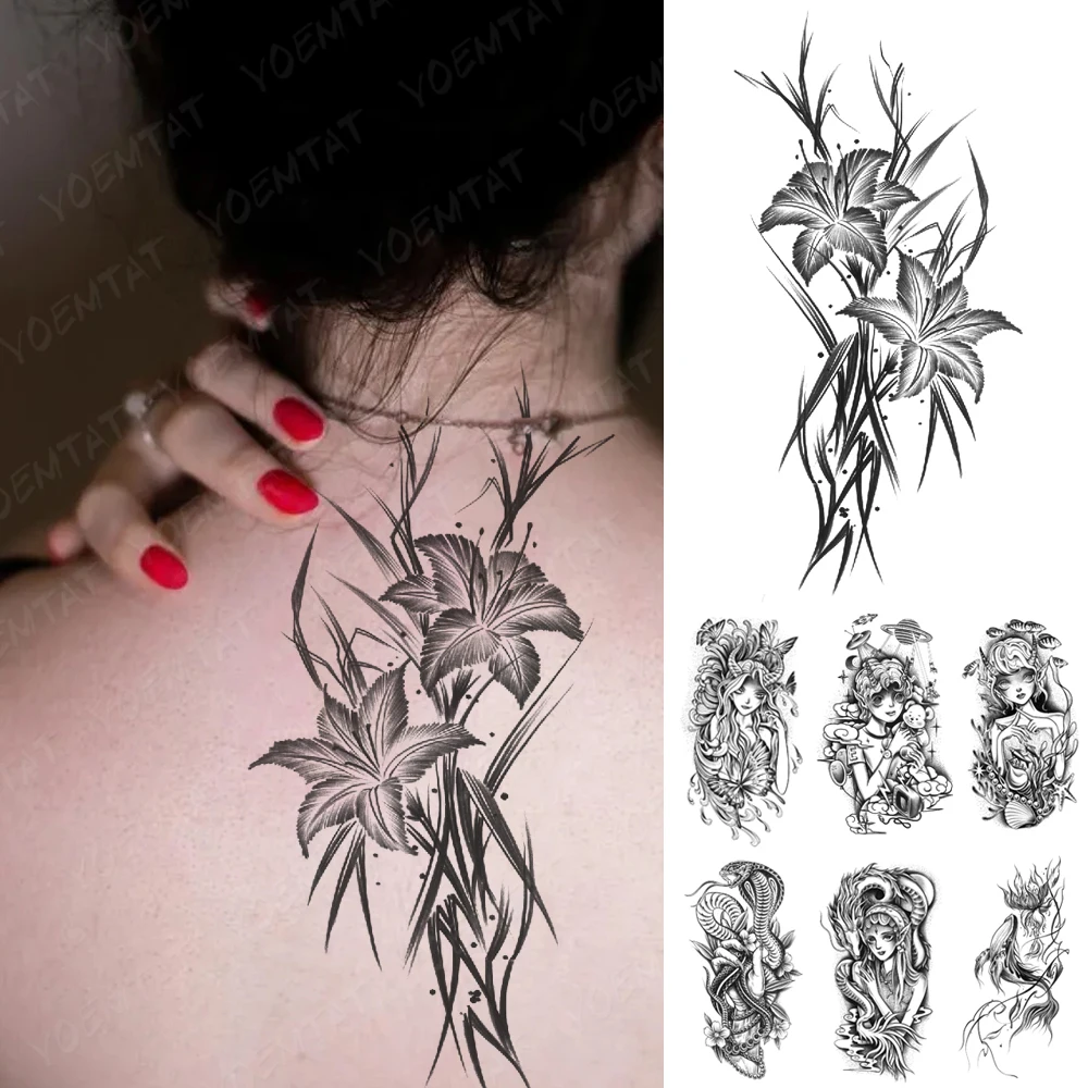 

Waterproof Temporary Tattoo Sticker Black Lily Lotus Rose Flower Festival Women Chest Arm Flash Tattoos Fake Tatoo Men Body Art