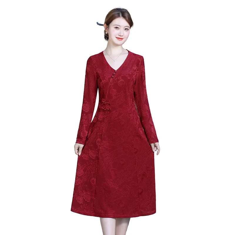 중년 노인 여성을위한 우아한 유행 가을 드레스 느슨한 핏 슬리밍 긴 소매 어머니의 플러스 사이즈