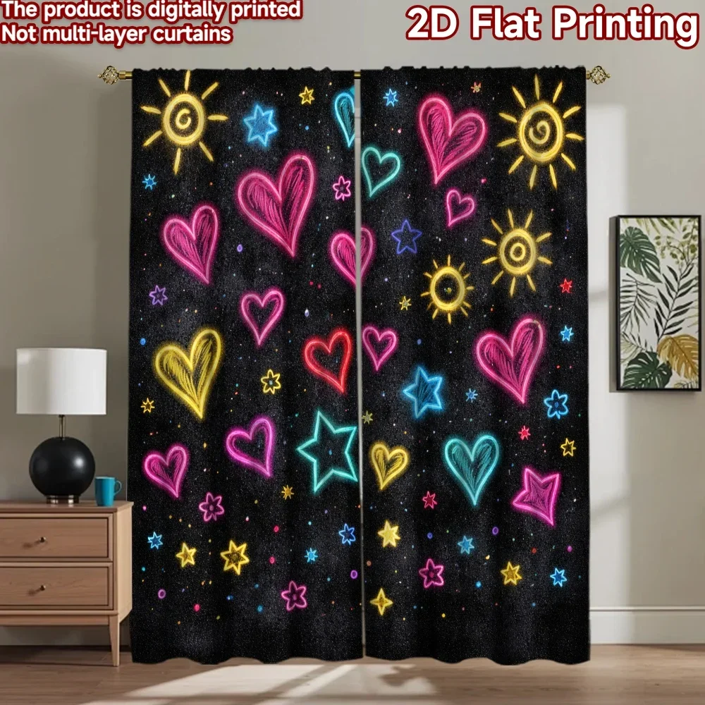 Fun Galaxy Stars Hearts Curtain Window Panel Black Background Glow Decor Digital Print Celestial Window Curtains
