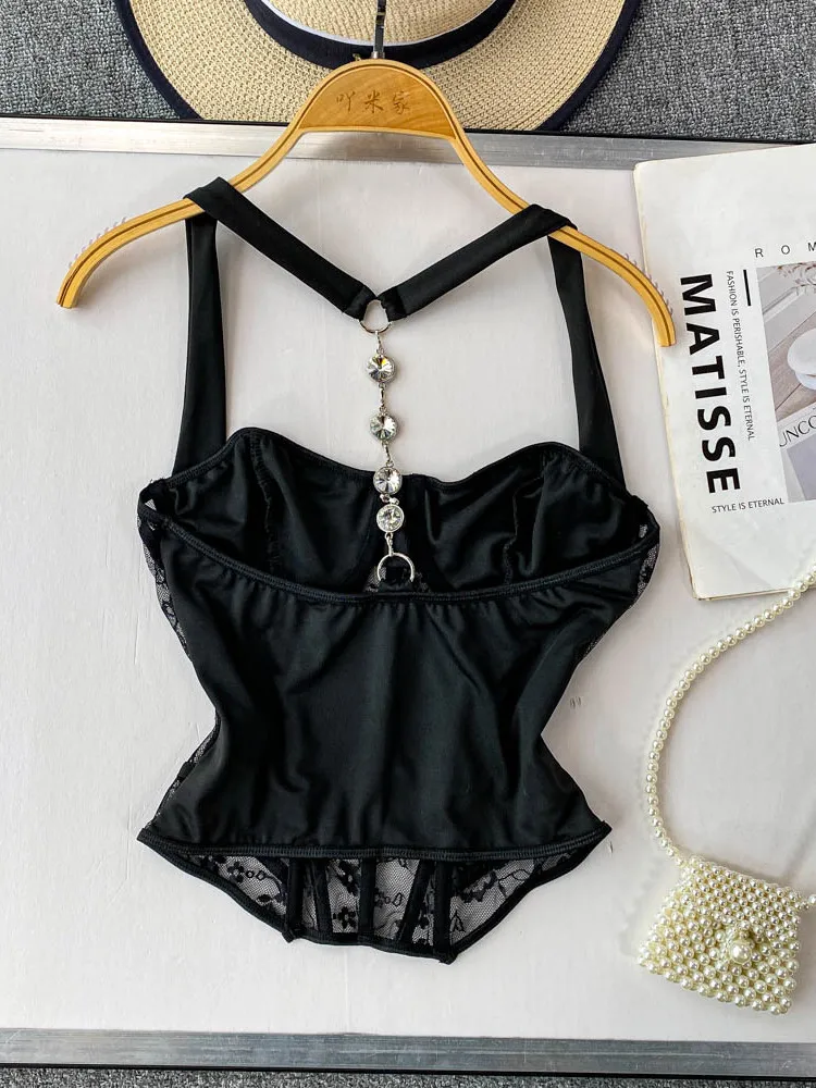 

Сексуальный кружевной укороченный топ, женский облегающий облегающий жилет длиной, висящий Ne, нерегулярный дизайн из волокна, летняя мода