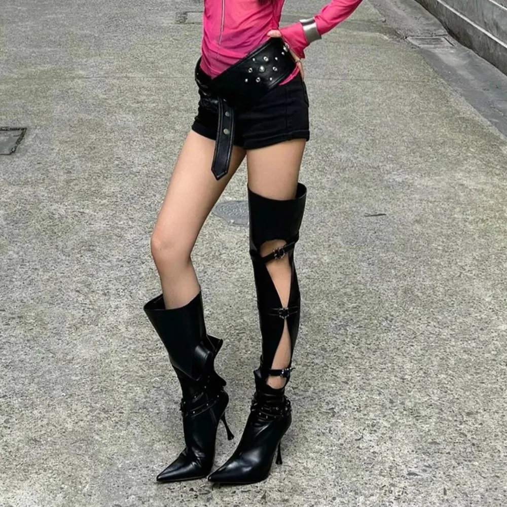 Autumn Winter Cutout Thigh High Boots, Pointed Toe Stiletto Buckle Strap Knight Boots for Street Club Outfits