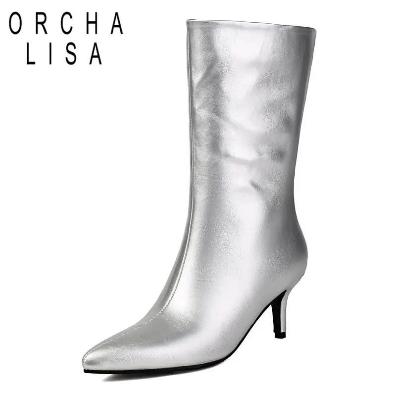 

ORCHA LISA Горячие блестящие женские сапоги до середины икры с острым носком 6,5 см, маленькие каблуки с боковой молнией, большой размер 44 45 46 Leisure Bota Silver Autumn