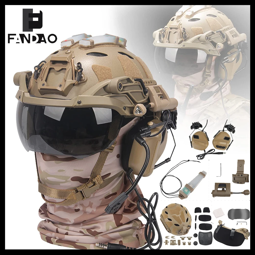 

Tactical Airsoft Fast Helmet Set Full Face Protective Game Gear With Wind Goggles Headsets Triangular Lights for CS Cosplay