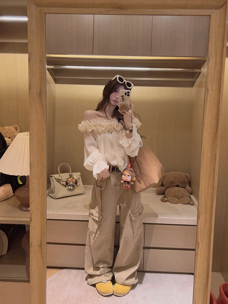 

Женские прямые широкие джинсы Yukiss цвета хаки, весенние свободные брюки с множеством карманов, рабочая одежда, модные женские брюки