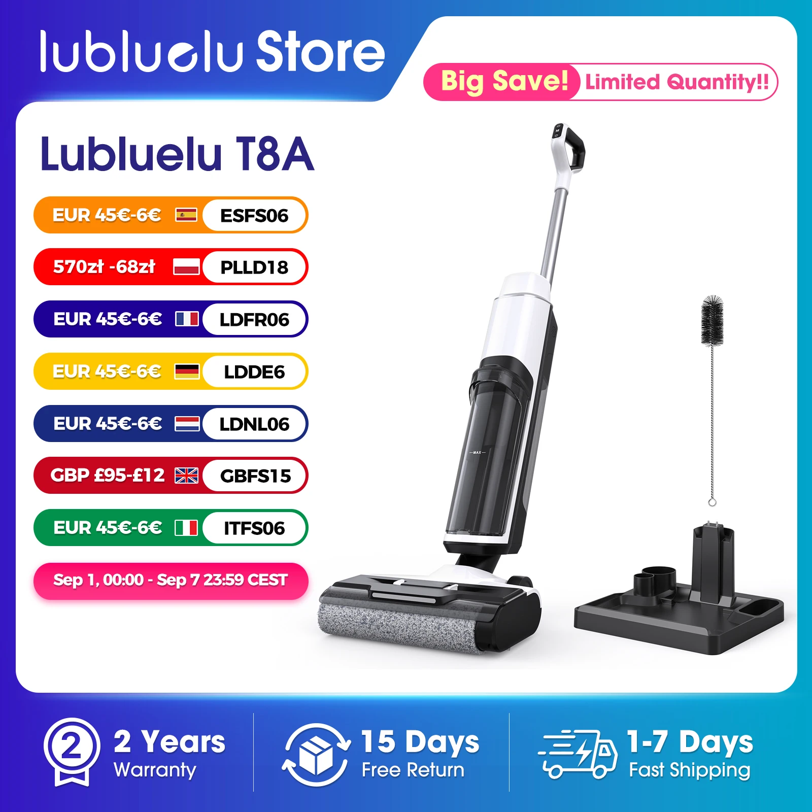 Lubluelu T8A Kabelloser Nass-Trocken-Staubsauger mit Wischfunktion, Selbstfahrfunktion, 6mm Kantenreinigung und Sprachsteuerung, 35 Min. Laufzeit, Bodenreiniger für Zuhause, 17,5 kPa Saugkraft