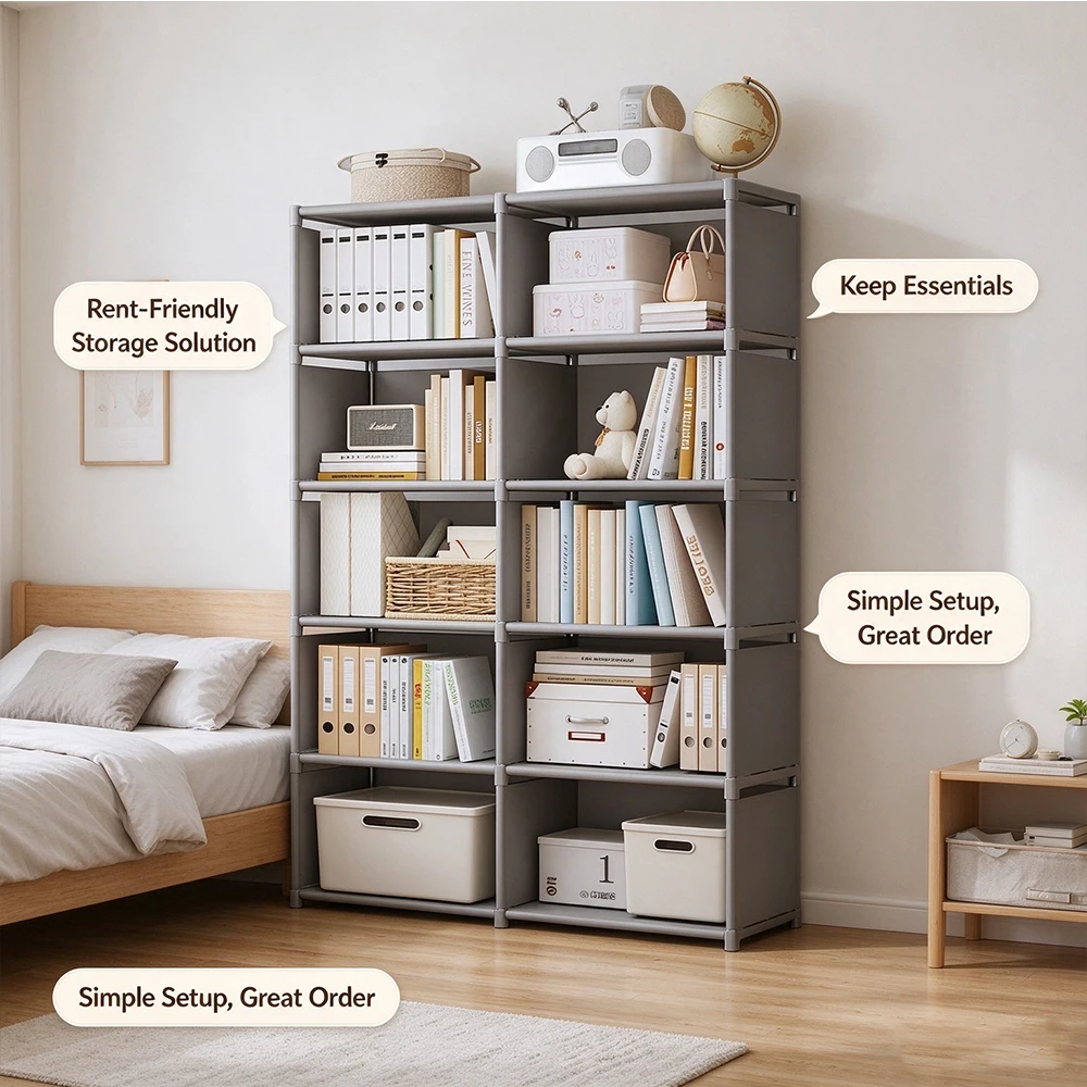 Open Dustproof Grid Bookshelf, Freestanding Multi-Compartment Storage Rack for Book Display & Office File Storage