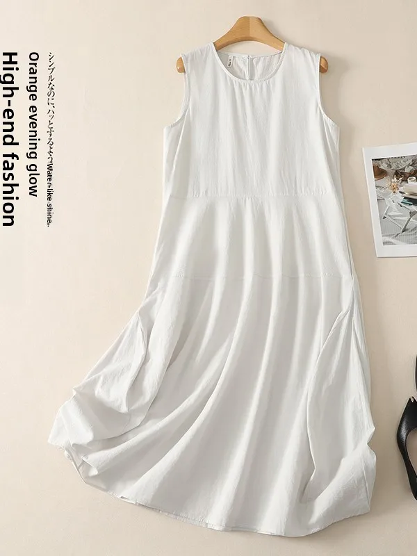 

Elegant White Sleeveless round Neck A-Line Vest Dress Women's Summer New Style High Waist Slimming Dress Vintage Commute