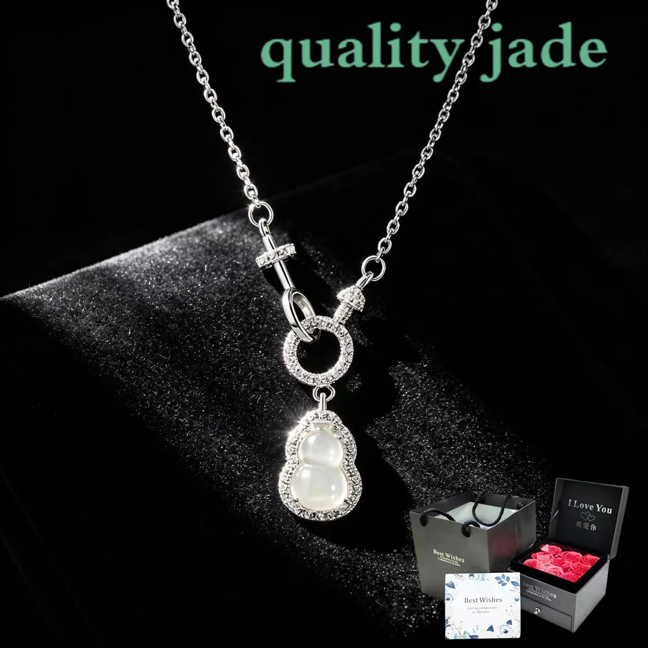 

S925 pure silver natural white jadeite gourd necklace - classic retro style, versatile and high-end zircon chain