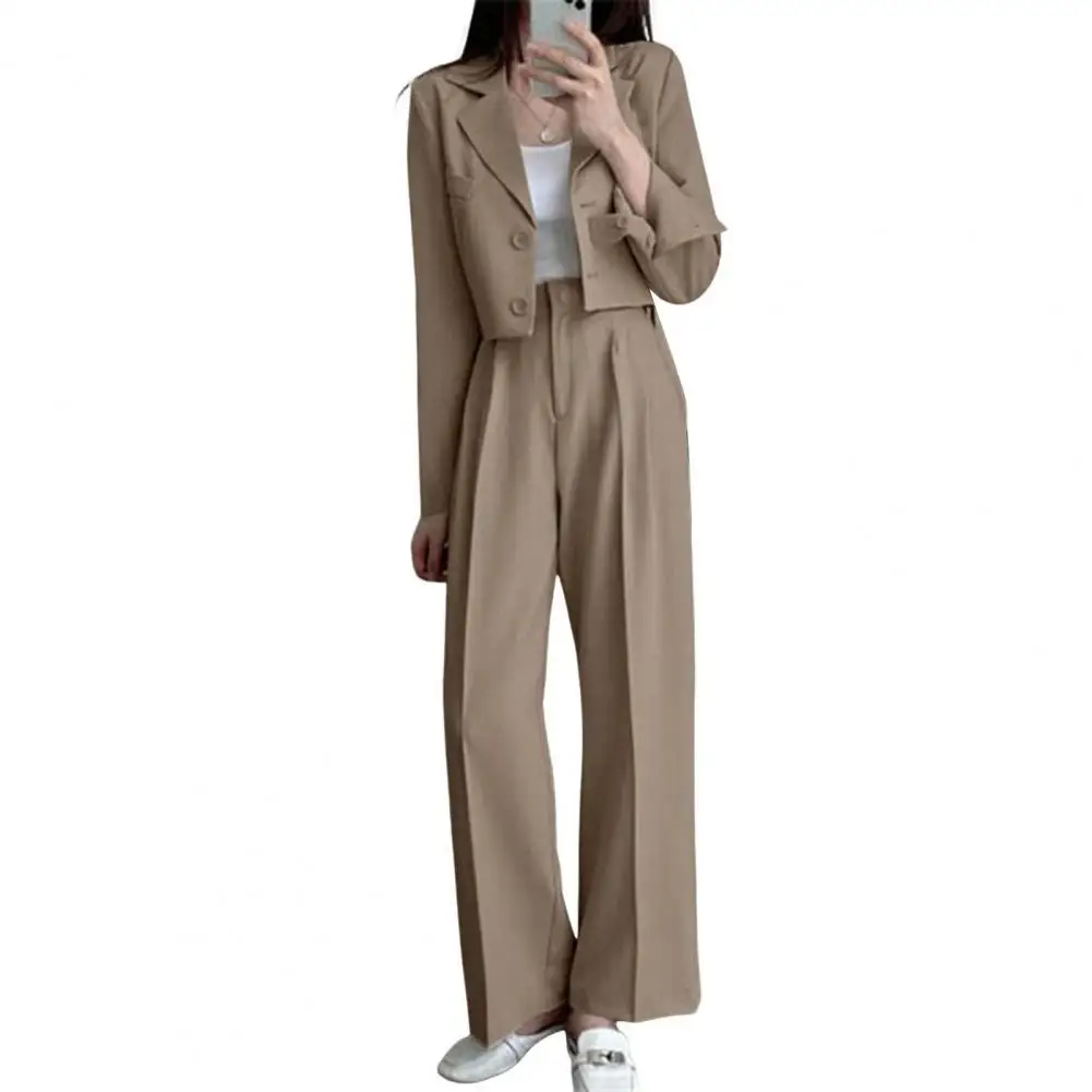 Women Coat Pants Set Elegant Women's Formal Commute Outfit with Lapel Single-breasted Cardigan Wide Leg High Waist for Work