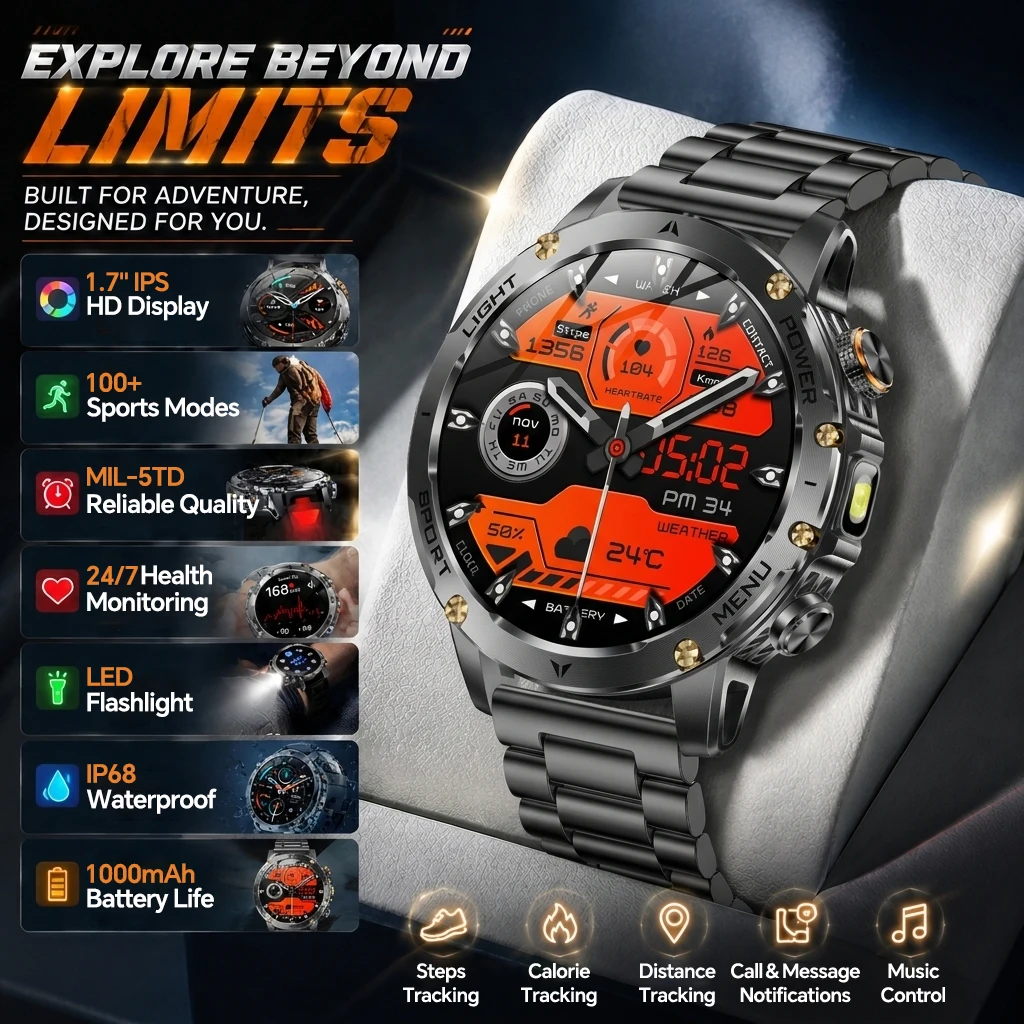 New Military 1000mAh Battery Smart Watch For Men Outdoor Flashlight Waterproof Heart Rate Bluetooth Call Sports Bracelets 2026