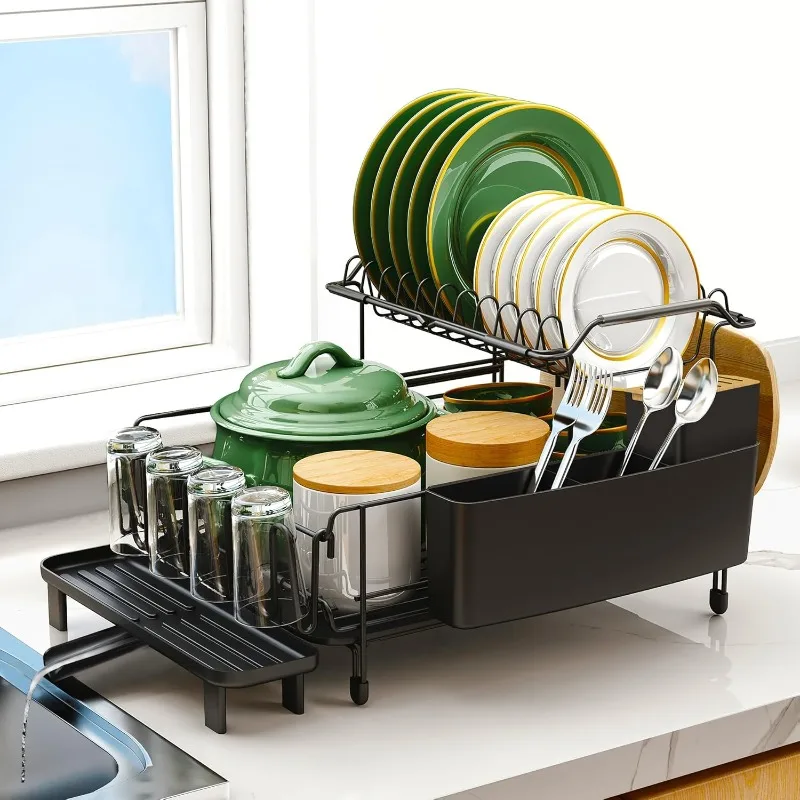 

Large Dish Drying Rack with Drainboard Set, Stainless Steel Detachable 2-in-1 Large-Capacity 2-Tier Over The Sink Anti-Rust
