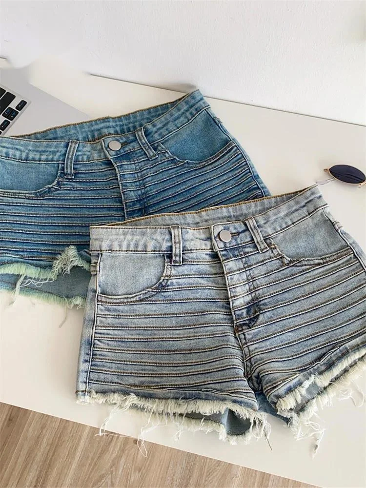 

Женские летние джинсовые шорты в полоску с высокой талией, необработанным краем, молнией, повседневные, рваные, модные, уличные, мини-шорты