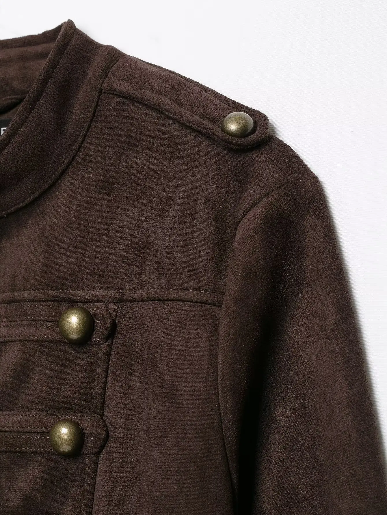 BSAY Vintage Militärjacke aus Kunstwildleder für Damen, Stehkragen, Metallknöpfe, plissierter Peplum-Rock, kurz geschnitten, langärmelige Oberbekleidung – Detail 7