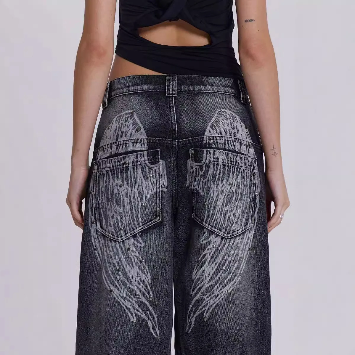 

Y2k Vintage Women Jeans Back Wing Printed Rivet Washed Wide Leg Denim Baggy Distressed Streetwear Casual Pants