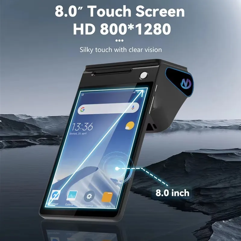 Z108 Android 14 Dual Screen POS Terminal, 8 Inch Touch Screen Cash Register with NFC Scanner and 58/80mm Thermal Printer