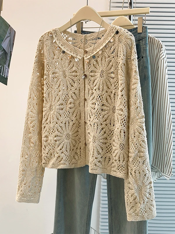 Authentic Knitted Hollow out Hook Flower Design Cardigan Outerwear Top Early Autumn New Style Women's Loose Fit Long Sleeve