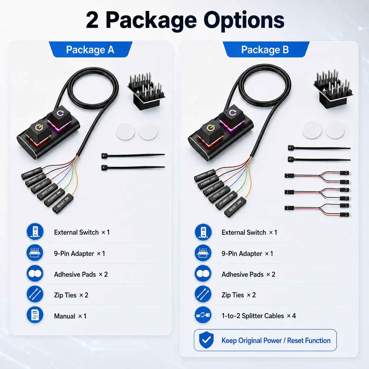 Desktop PC External Power Switch Dual Button Reset Extension Cable 2m Aluminum Shell 9-Pin Motherboard Front Panel Switch