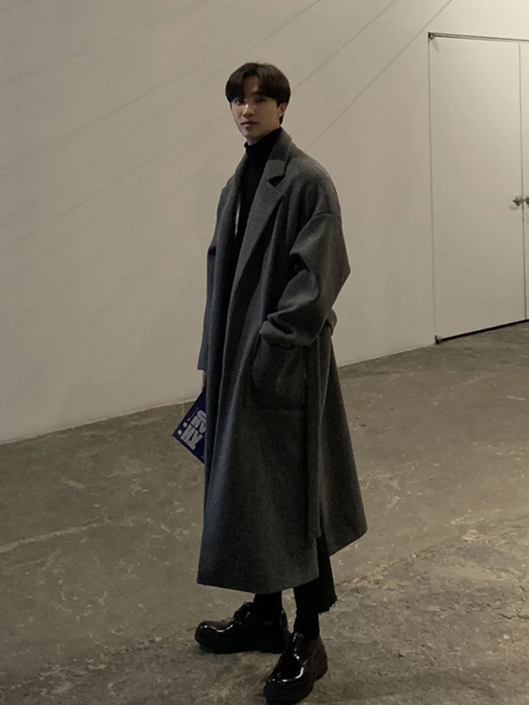 

Korean Sle Men's Mid-Length Woolen Coat Spring Design High-End Feeling Over-Knee Windbreaker Faionable Haome