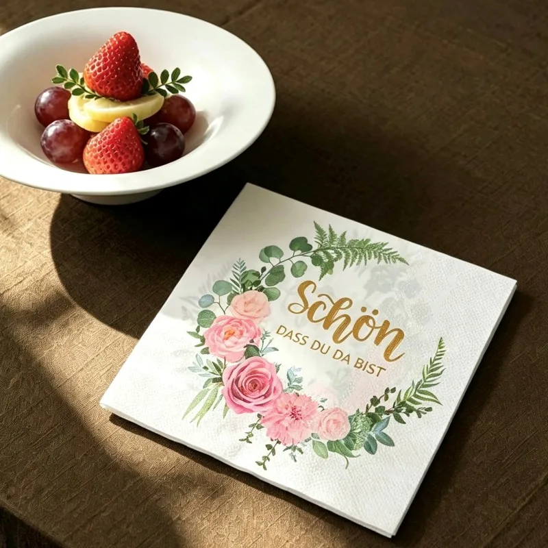 20Pcs 33x33cm 2-Ply German Quote Napkins Schön Dass Du Da Bist Welcome Party Table Decor Rose Wreath Floral Party Supplies