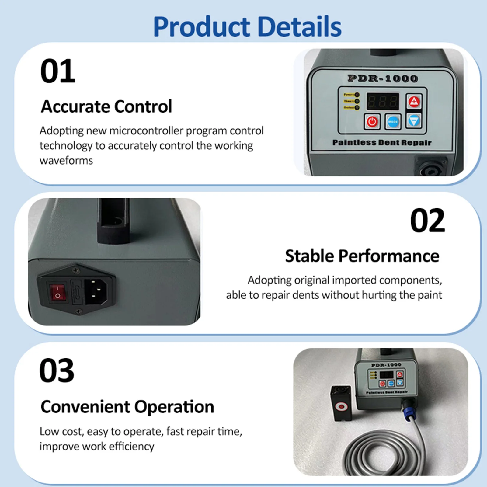 PDR-1000 آلة إصلاح دنت جسم السيارة المحمولة أداة إزالة الخدوش المنزلية الوقت/الطاقة ضبط جهاز إصلاح دنت السيارة بدون طلاء